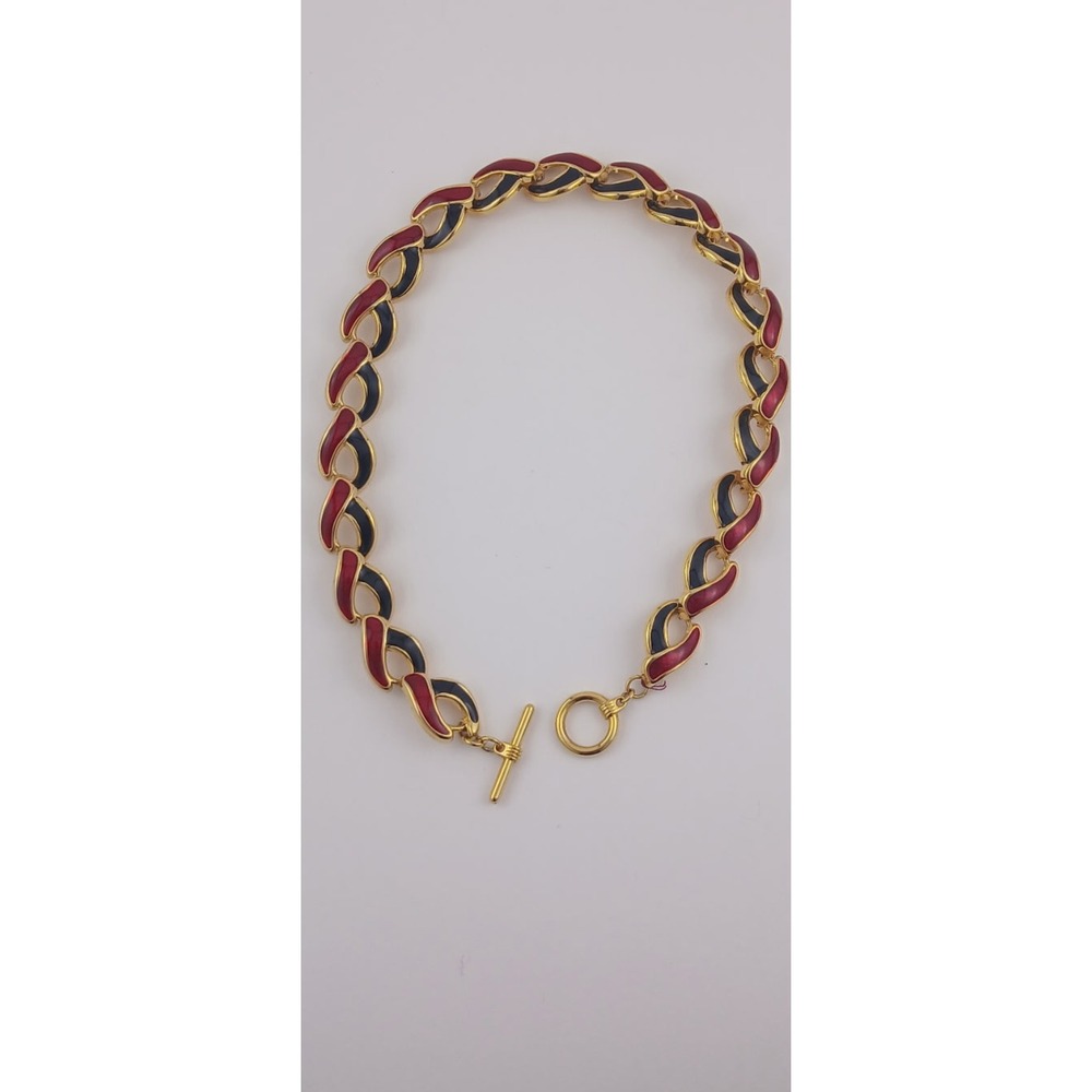 Vintage 80s Champleve Enamel Nautical Toggle Collar Necklace Navy Red Gold Tone